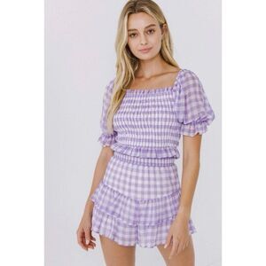 English Factory Purple White Gingham Squareneck Ruffle 2 Piece Outfit Sz S Girly